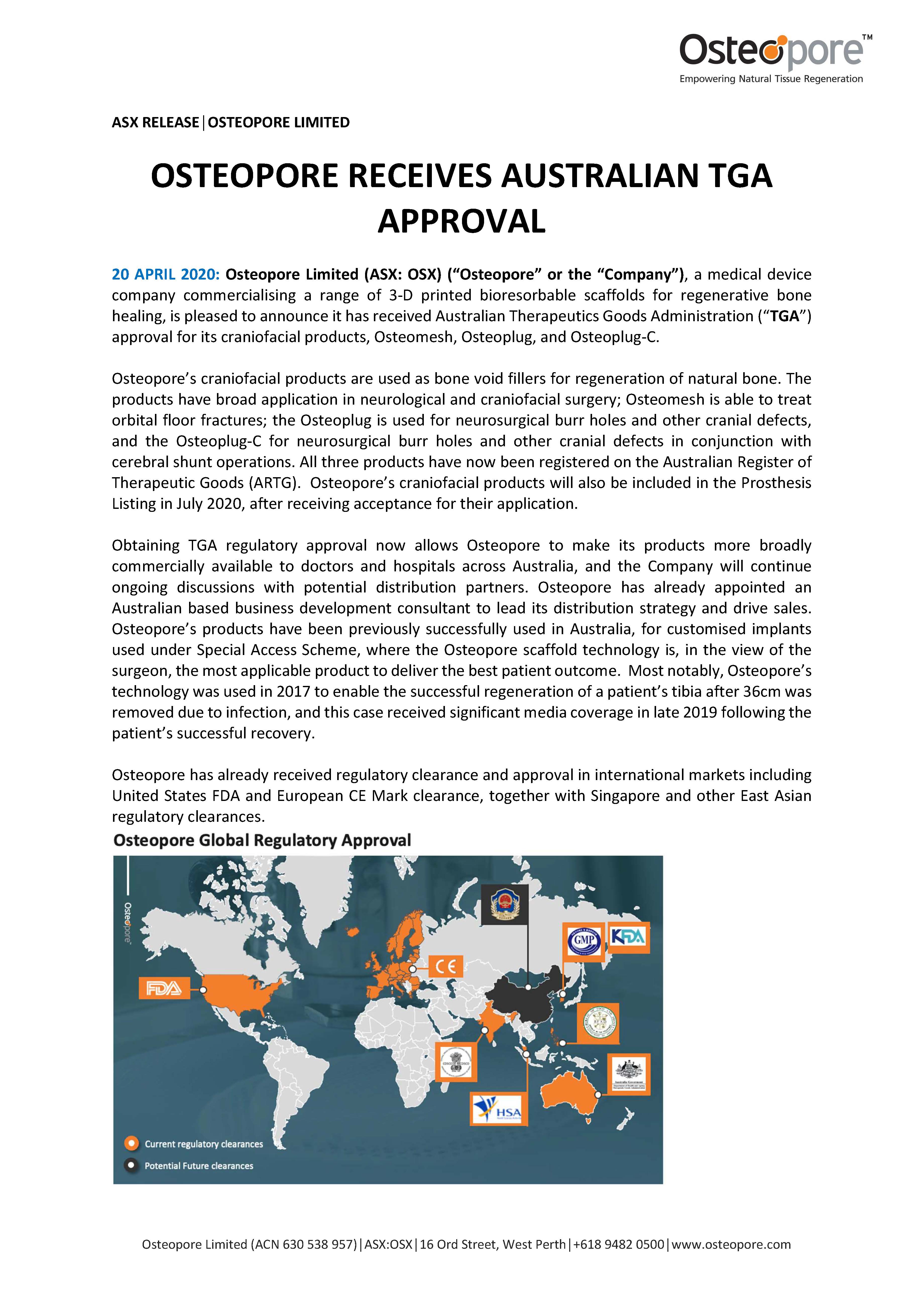 The Asx Listed Medical Device Company Osteopore Limited Which Is One Of The Australian Industry Partners Of The Arc Itcc In Additive Biomanufacturing Received Tga Approval For A Set Of 3d Printed